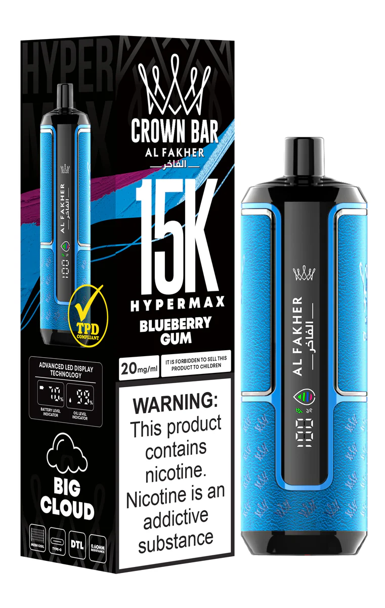 Al Fakher Crown Bar 15000 Puffs Hypermax Disposable Vape, hand holding vape, product shot, dense vapor cloud - Al Fakher Crown Bar Al Fakher Crown Bar HyperMax 15K Disposable ...
