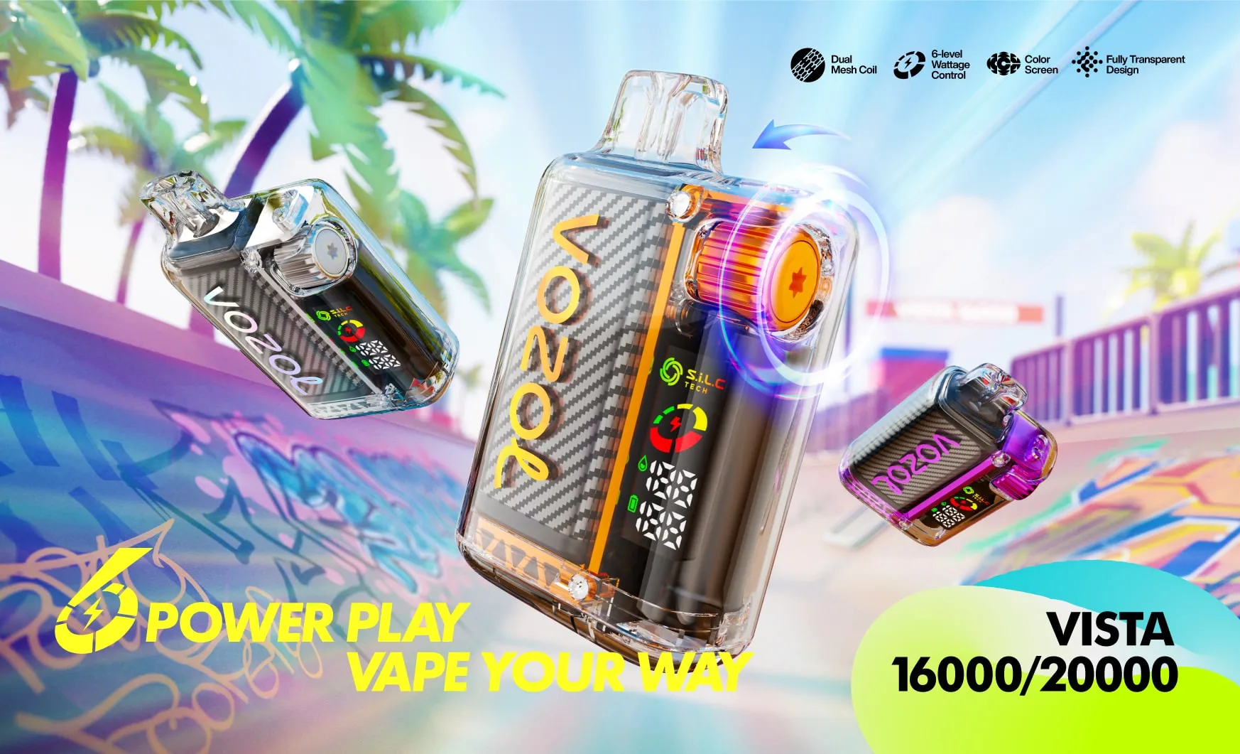 VOZOL Vista 20000 cyberpunk transparent vape, futuristic glowing vape device tech, vozol vista product aesthetic - VISTA 16000/20000 - VOZOL