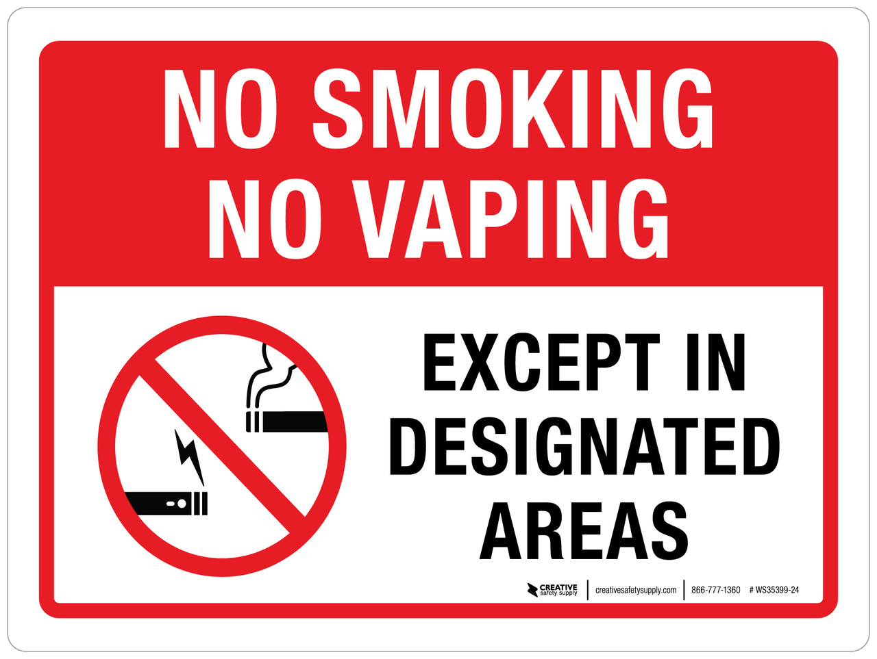 Airport smoking lounge sign, Designated vaping area airport, No smoking no vaping sign airport - No Smoking No Vaping Except In Designated Areas with Icon Landscape - Wall Sign