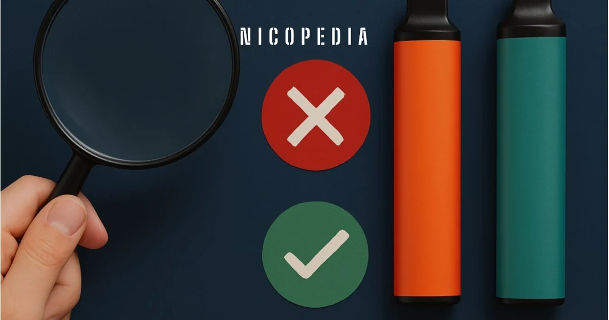 Spot the Fake Vape Comparison Graphic, Magnifying Glass Authentic Counterfeit Vape, Vape Authentication Guide - How to Spot a Fake Vape: Warning Signs & Tips | Haypp UK