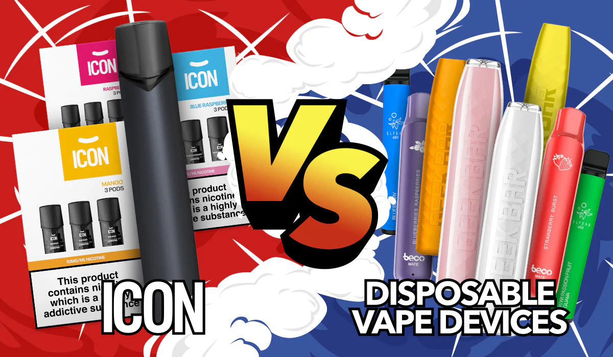 Vape puff count comparison icon, disposable vape longevity symbol, battery life endurance vape - ICON vs Disposables | Ecigwizard