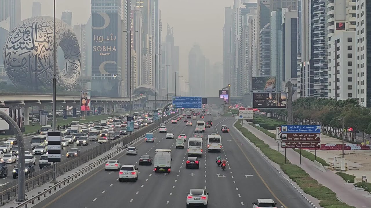 Sheikh Zayed Road traffic vape, The Pointe Dubai cityscape vaping, vaper enjoying Dubai scene - DUBAI SHEIKH ZAYED ROAD TRAFFIC FLOW | Dubai Most Busiest Street | 7.4.25: 4K-UHD