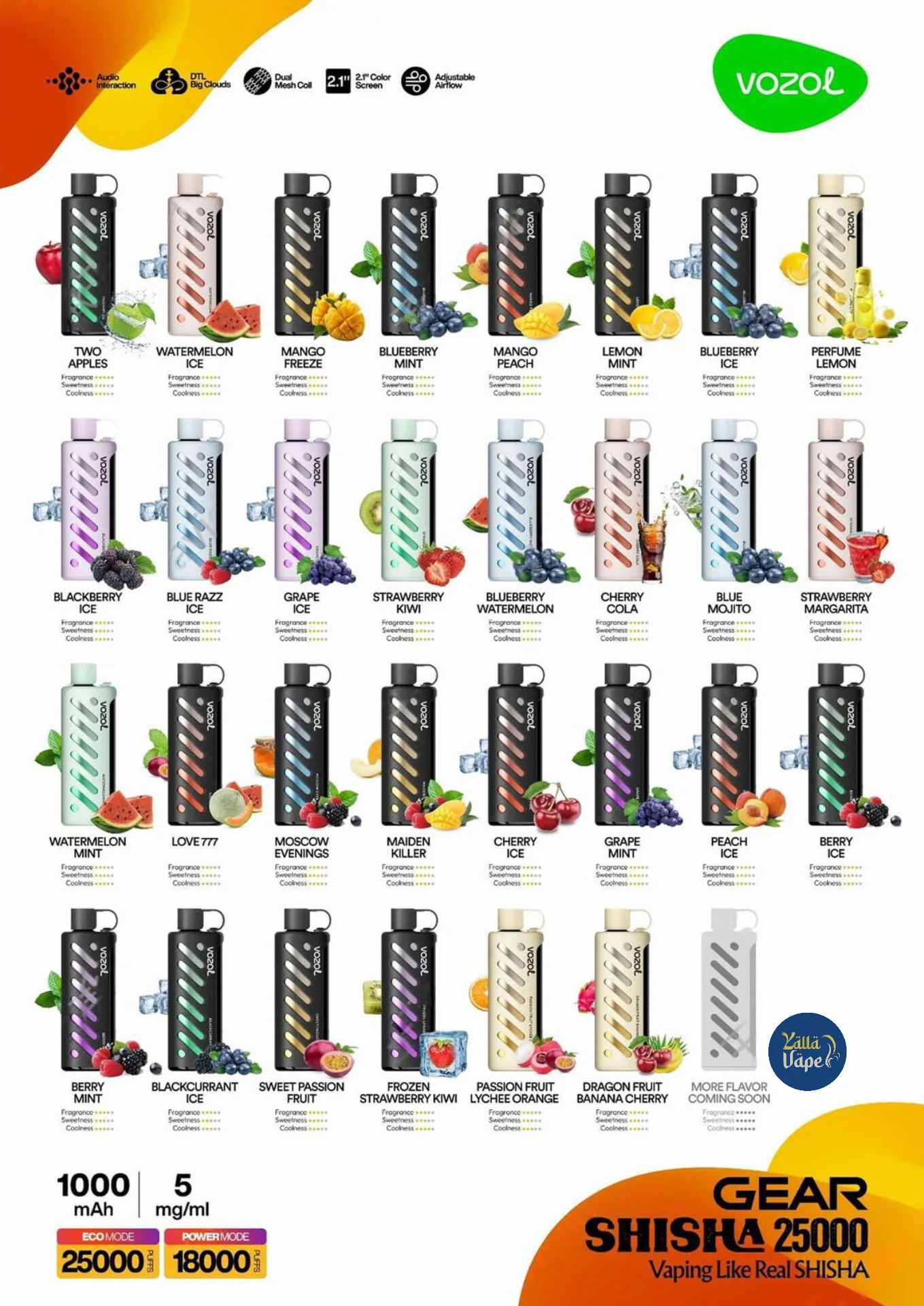 Vape device comparison chart infographic, VOZOL 25000 vs Waka Elfbar features, Electronic cigarette specification comparison - VOZOL Gear Shisha 25000 Puffs Disposable Vape in UAE – YALLA VAPE