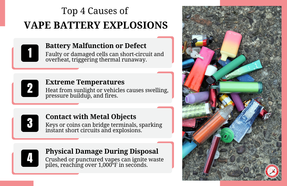 Leaking Vape Battery Overheating, Exploding Vape Battery Risk, Vape Fire Hazard Hot Weather - Vape Battery Fires Risks in Waste Facilities Explained
